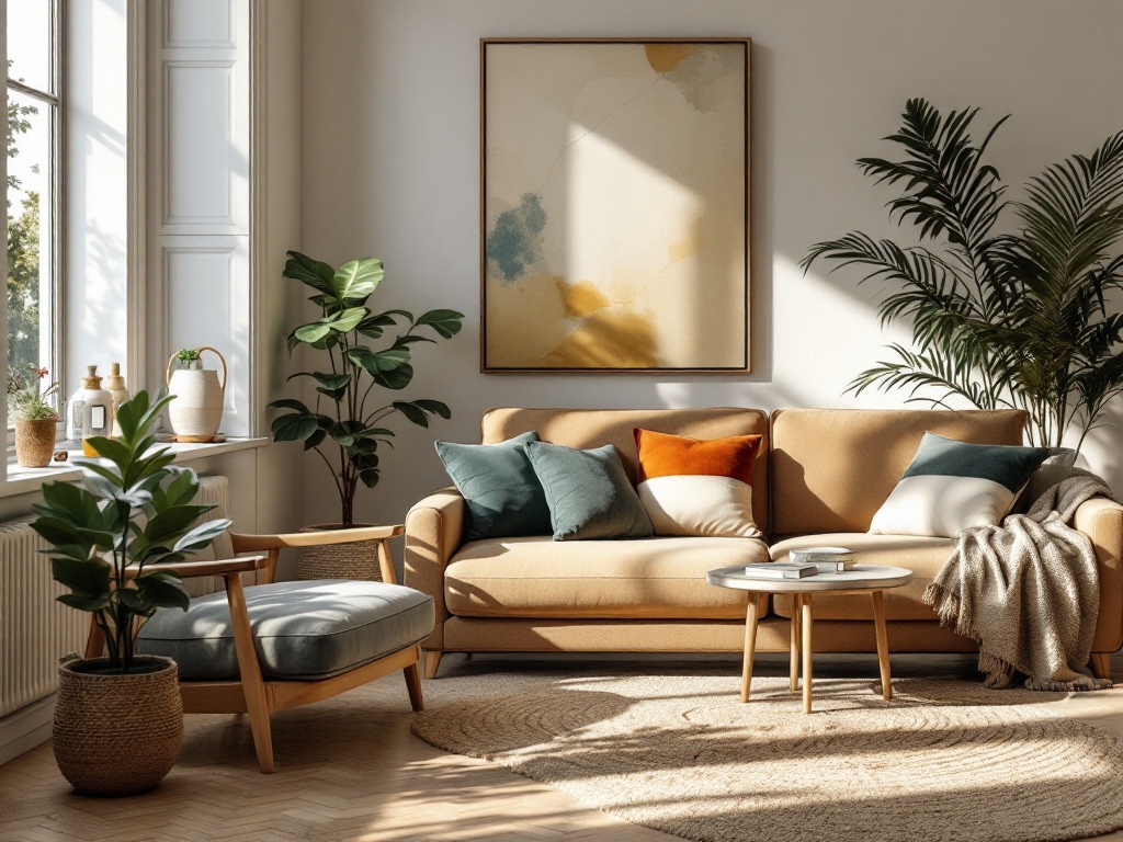 genre moi un salon cosy avec un canapé en velours côtelé et des plantes
