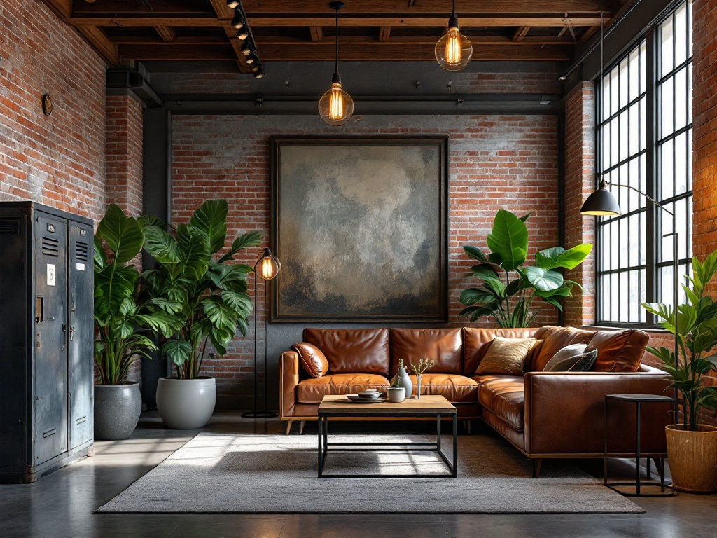 Genere moi une image d'un intérieur de manoir style industriel avec plantes, meubles industriels et autre
